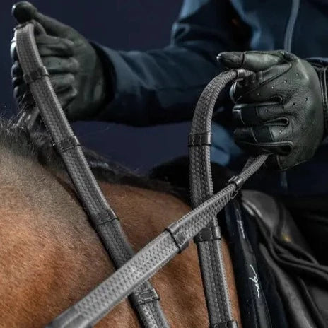 Working 1/2" Rubber Reins with 7 Leather Loops - Black
