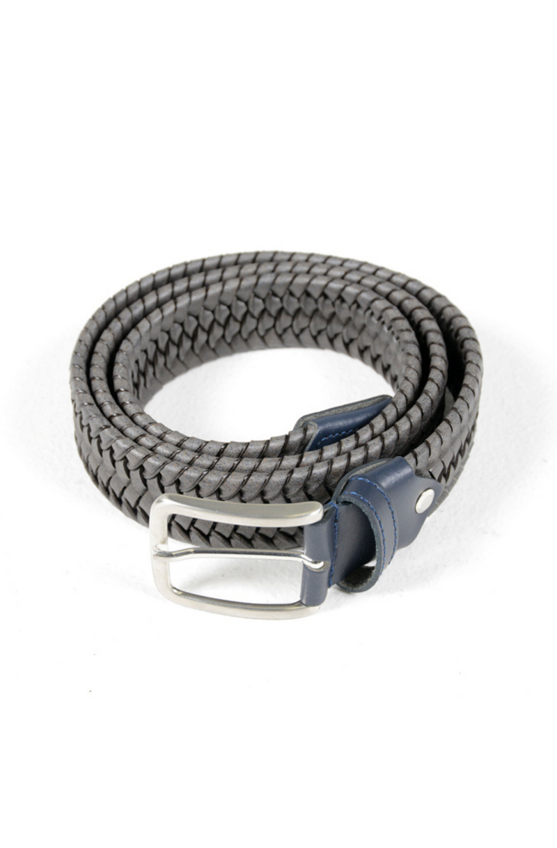 Elastic Leather Belt w/Contrast - Grey/Navy (Size S)