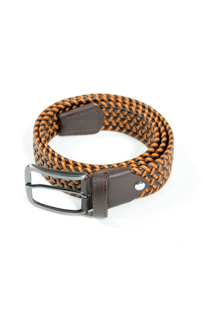 Elastic Leather Belt w/Contrast - Brown