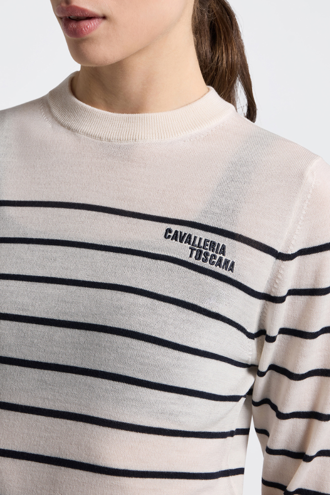 CT Stripe Jacquard Merino Crew Neck - Birch/Charcoal