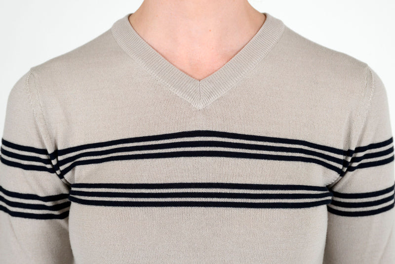 Cavalleria Toscana - Merino V-Neck Striped Sweater - Dirty White