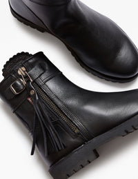 Cropped Leather Tassel Boot - Black